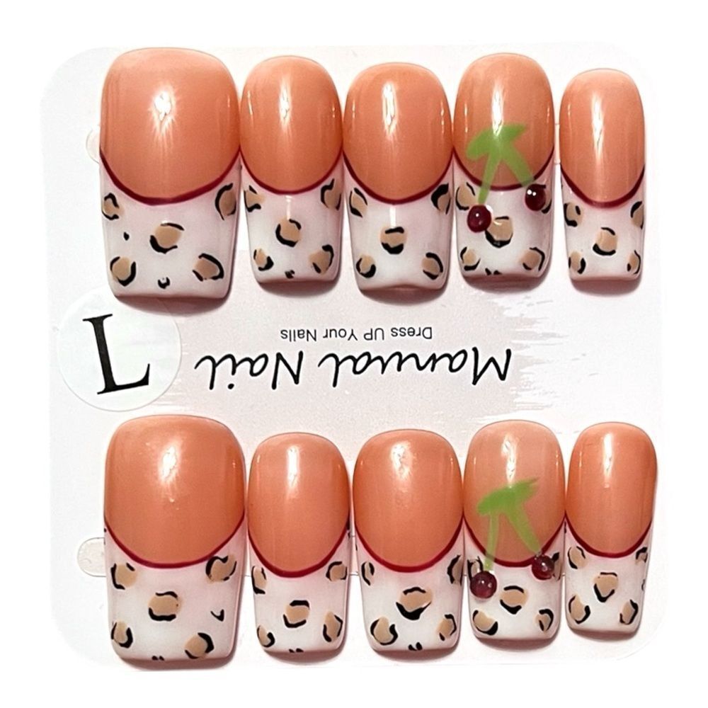 Stylish Handmade White French Tip Cheetah Print Cherry  Press-On Nails Size L